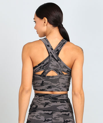 Cross Back Sports Bra – Grey Camouflage